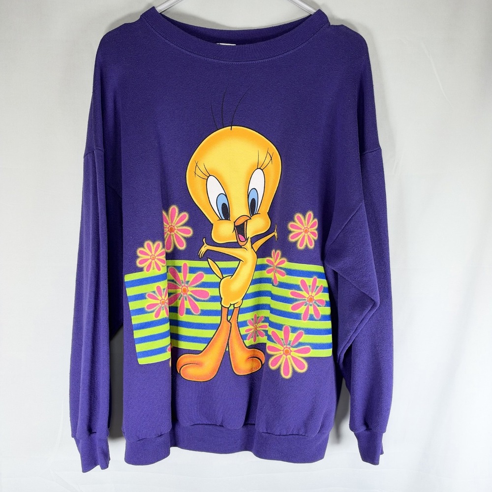 Vintage 90s Tweedy Bird Looney Tunes Cartoon Floral Purple Hippie Dazed Graphic